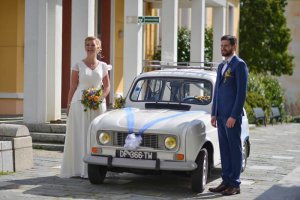 Les mariés aux cotés de leur voiture